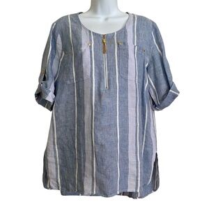 Ellen Tracy Gray White Stripe Linen Tunic Top Size Large Lagenlook Relaxed Fit